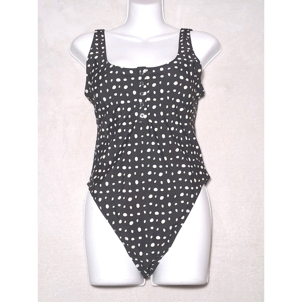 AERIE Black Swimsuit One Piece Polka Dot Skimpy Slimming Bathing Suit Size Large